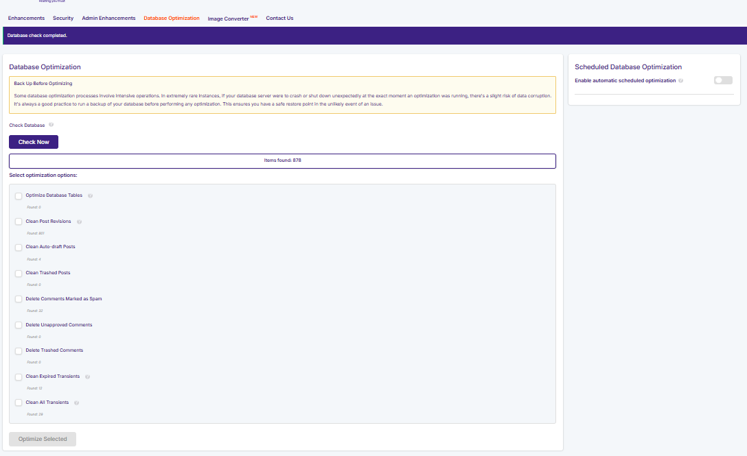 JetHost Total Care Database Optimization tab