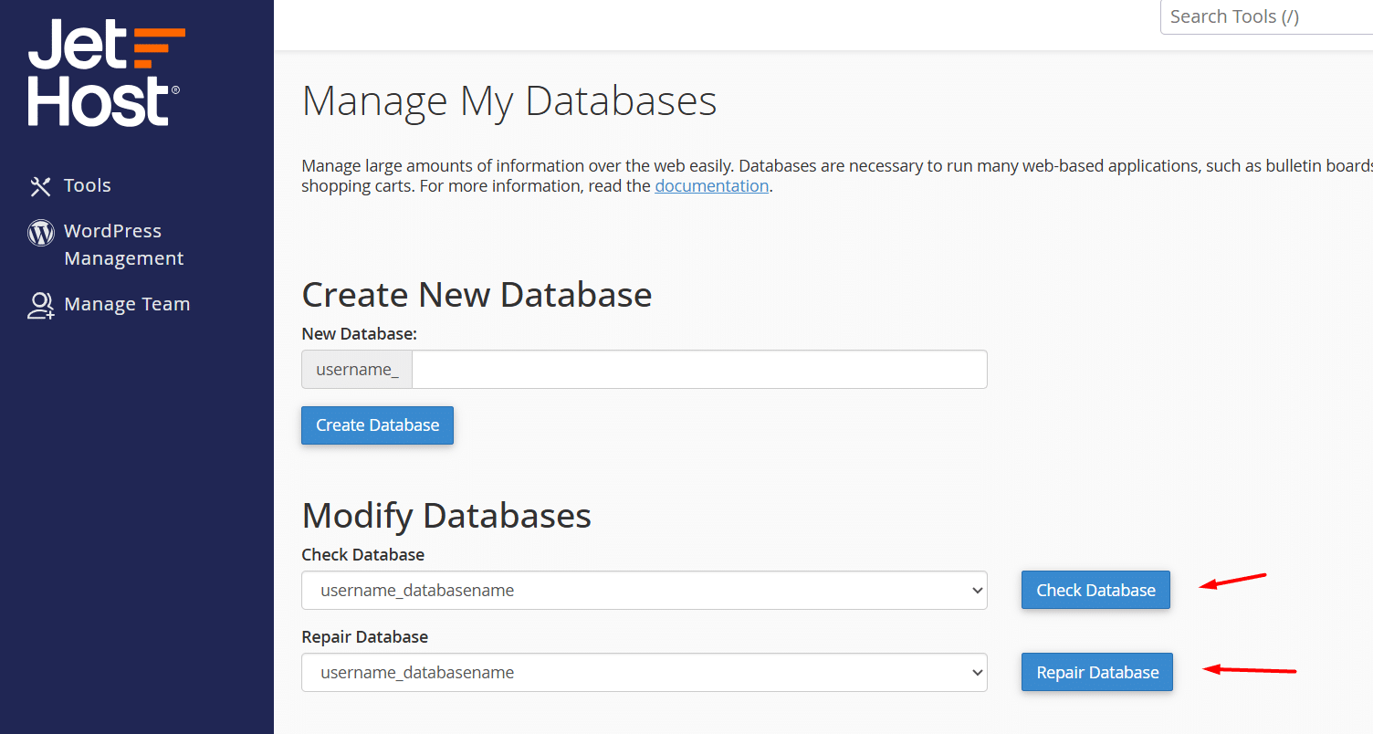 Check repair database cPanel