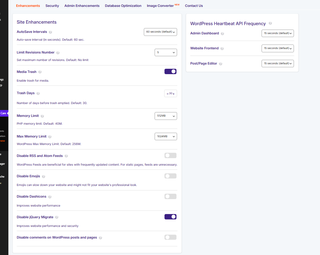 JetHost Total Care Enhancements tab settings