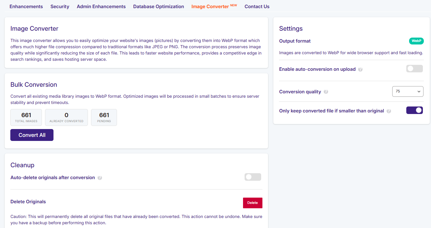 JetHost Total Care Image Converter tab (WebP)