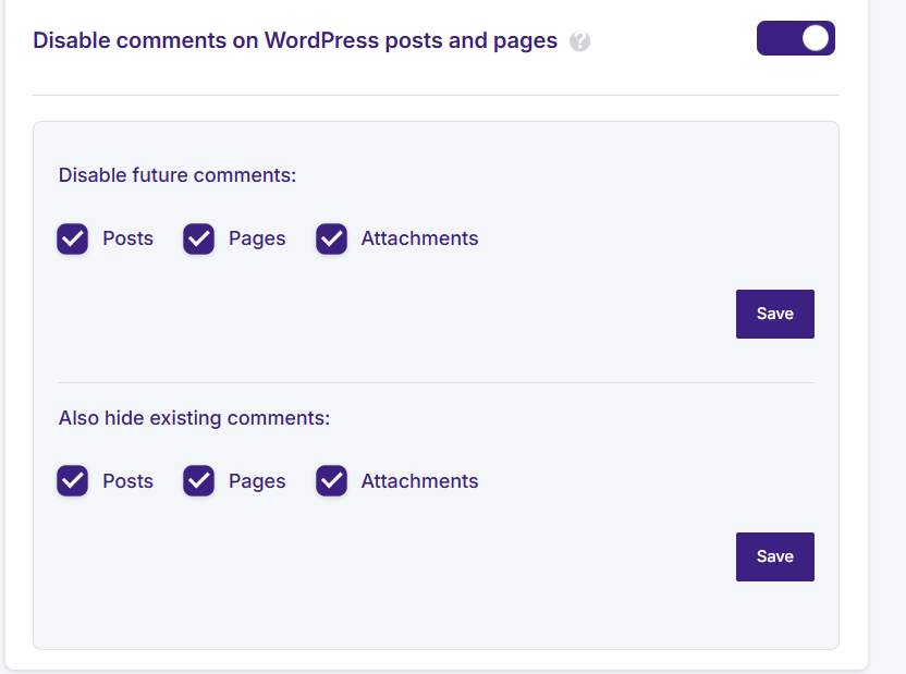 Disable comments on WordPress posts and pages option in JetHost Total Care